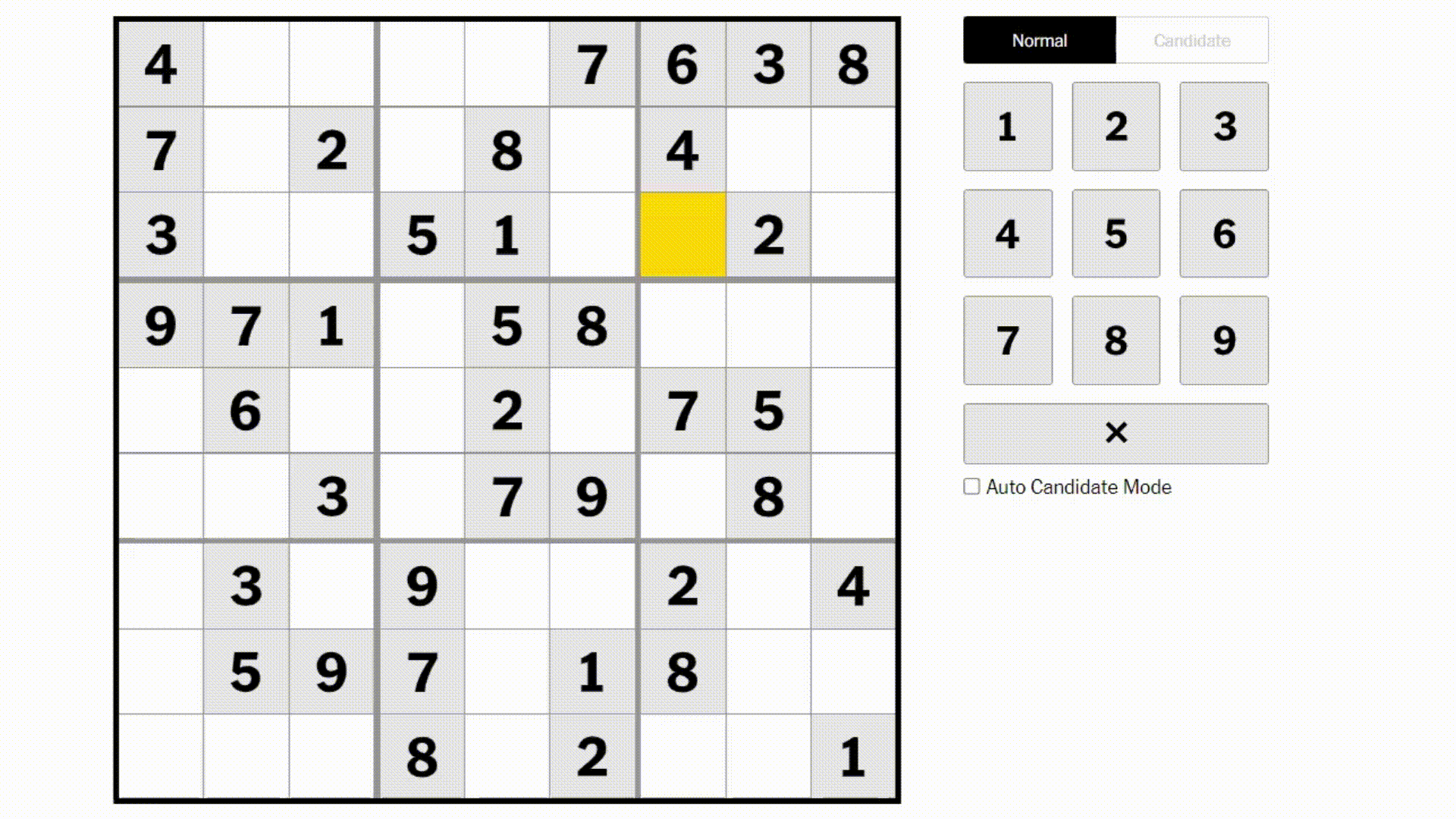 An animating GIF of a sudoku grid with a cell highlighted. As different values are entered in that cell, the grid lights up to indicate that that value is incorrect.